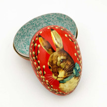 4-1/2" Nostalgic Bunny on Red Papier Mache Easter Egg Container ~ Germany